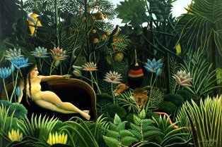 Peinture représentant une femme nue allongée dans la jungle